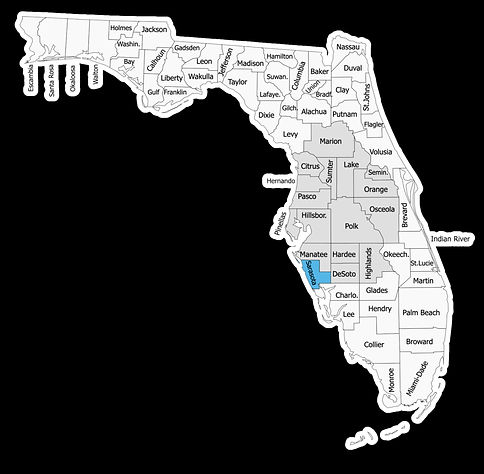 Sarasota county highlighted in blue and the areas we serve highlighted in a light grey