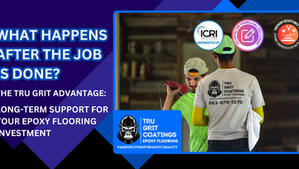 Two people in a workshop; one wears a green shirt, the other a Tru Grit Coatings t-shirt. Text highlights epoxy flooring support.