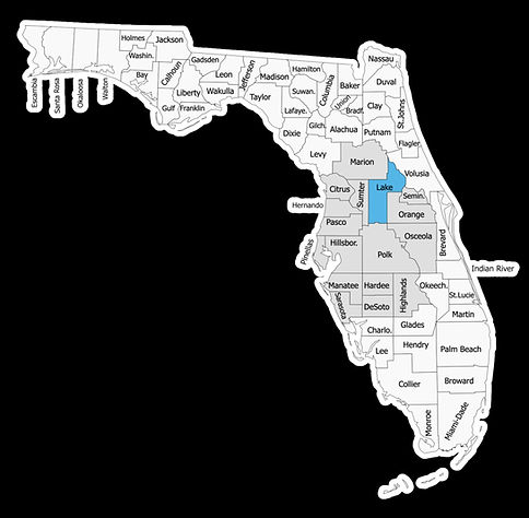 Lake county highlighted in blue and the areas we serve highlighted in a light grey