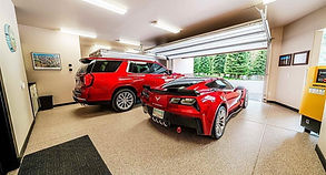 garage flooring system full broadcast with two red cars