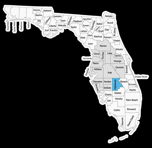 Highlands county highlighted in blue and the areas we serve highlighted in a light grey