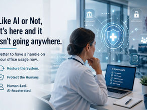 Professional healthcare office leader reviewing AI governance, compliance, and operational oversight within a modern medical practice, highlighting the importance of human-led AI strategy in healthcare.