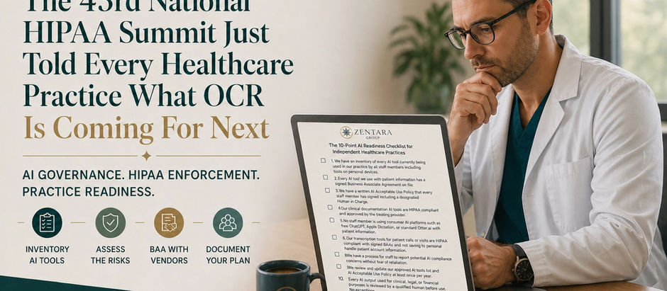 Male healthcare provider reviewing Zentara’s AI readiness checklist on a laptop in a modern medical office, highlighting HIPAA enforcement, AI governance, and compliance leadership for independent healthcare practices.