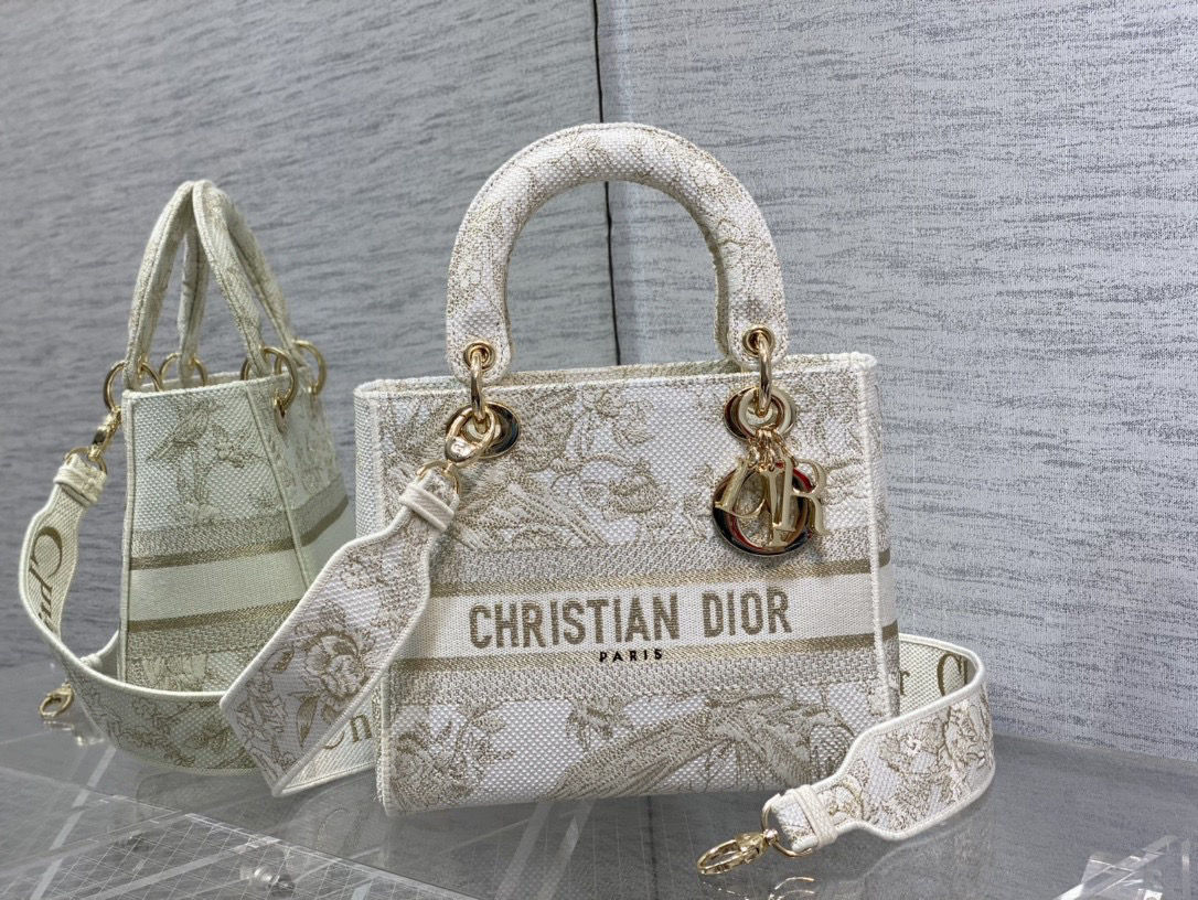 Christian Dior Lady D-Lite Handbag White & Gold