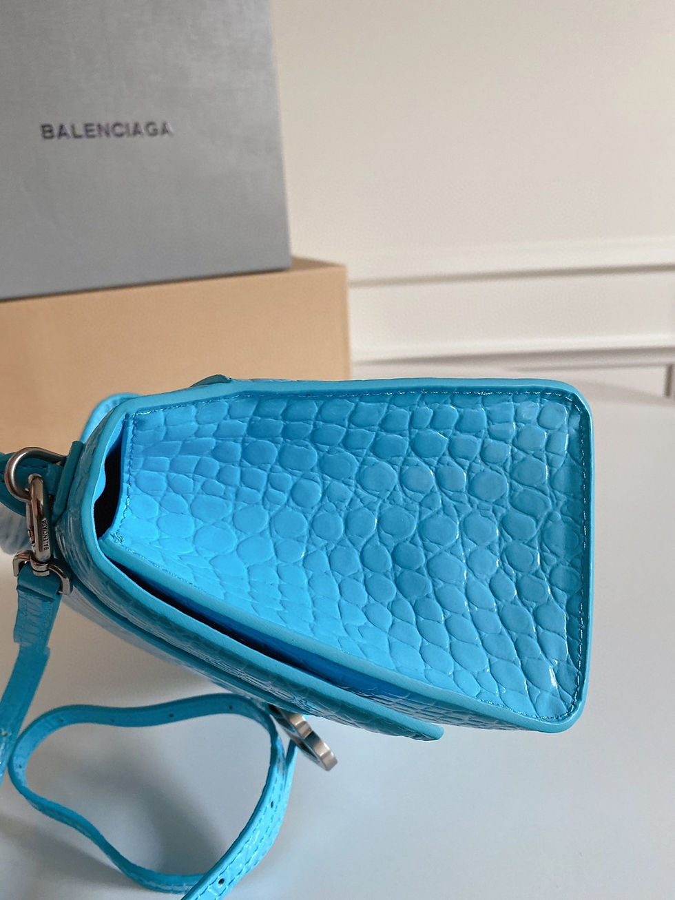 Thumbnail: Balenciaga Hourglass Croc Handbag Light Blue Small