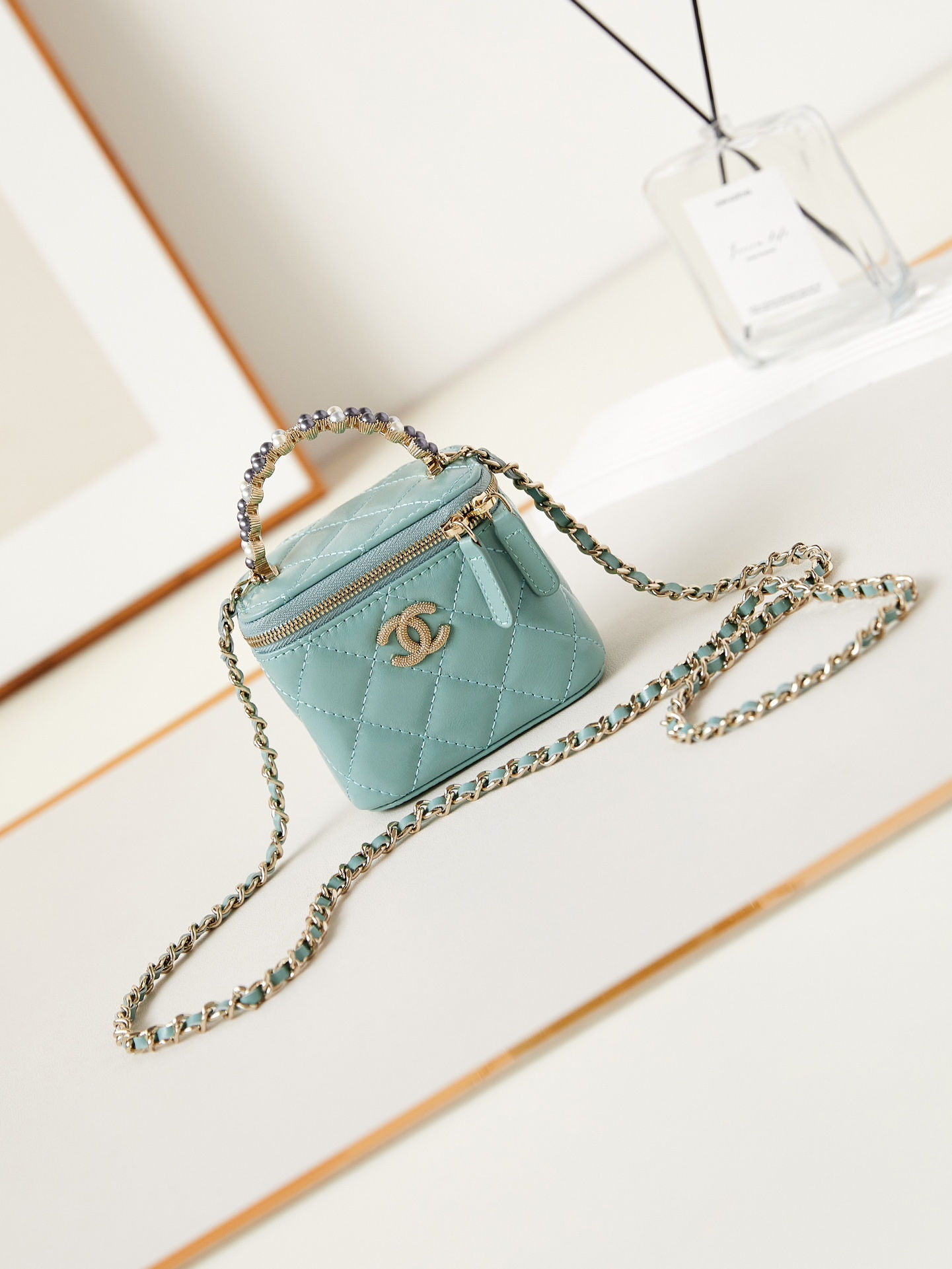Chanel Pearl Vanity Case Handbag Blue