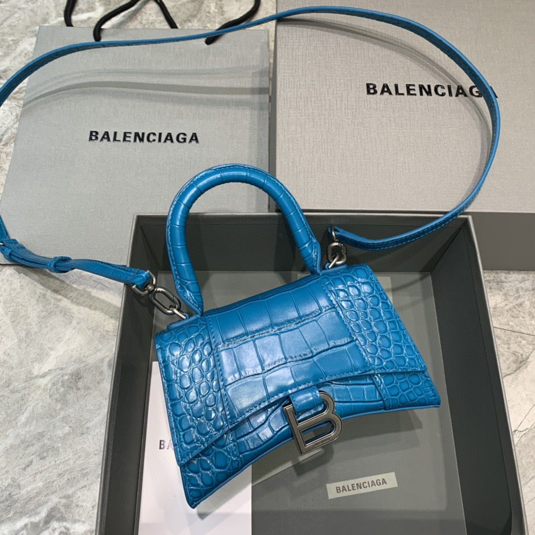 Balenciaga Hourglass Croc Handbag Blue Mini