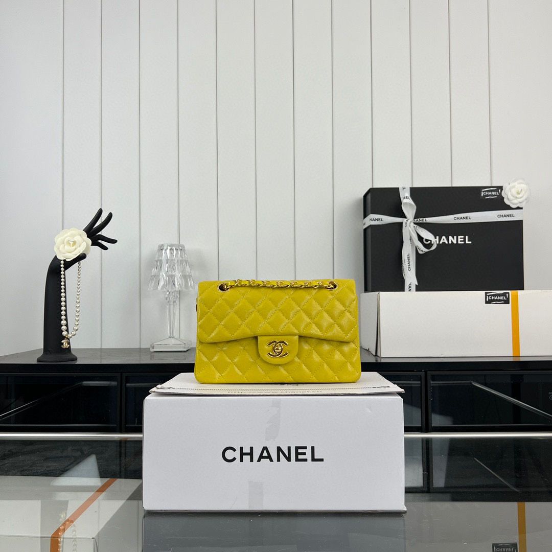 Chanel Classic Gold Double Flap Handbag Mustard Yellow