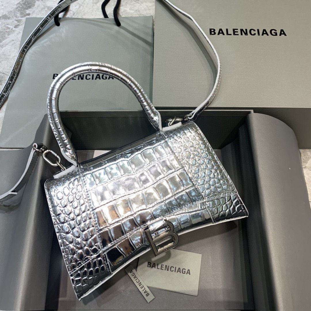Balenciaga Hourglass Croc Handbag Silver Small