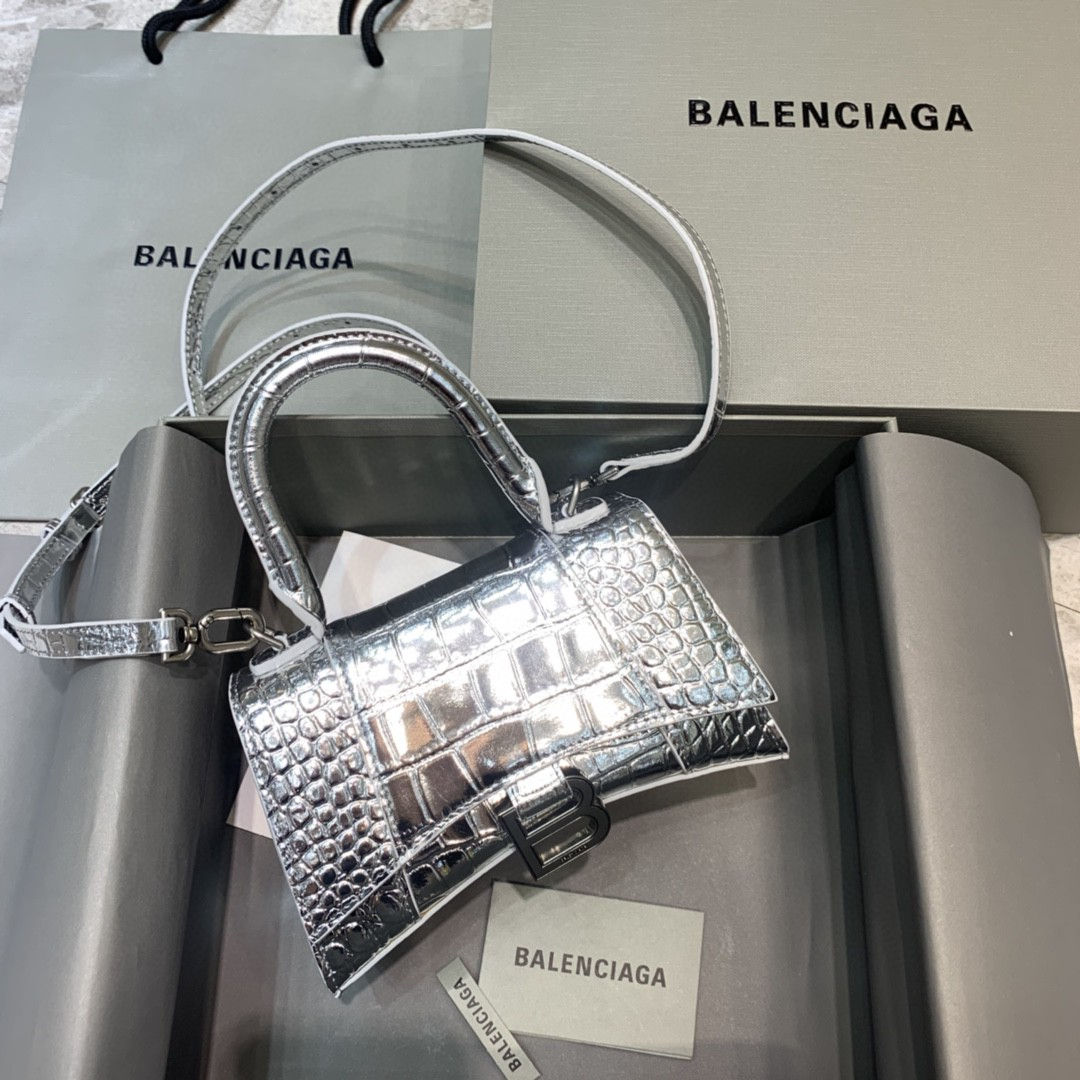 Balenciaga Hourglass Croc Handbag Silver Mini