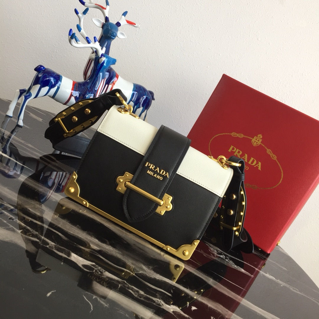 Prada Cahier Leather Bag Black & White Mini