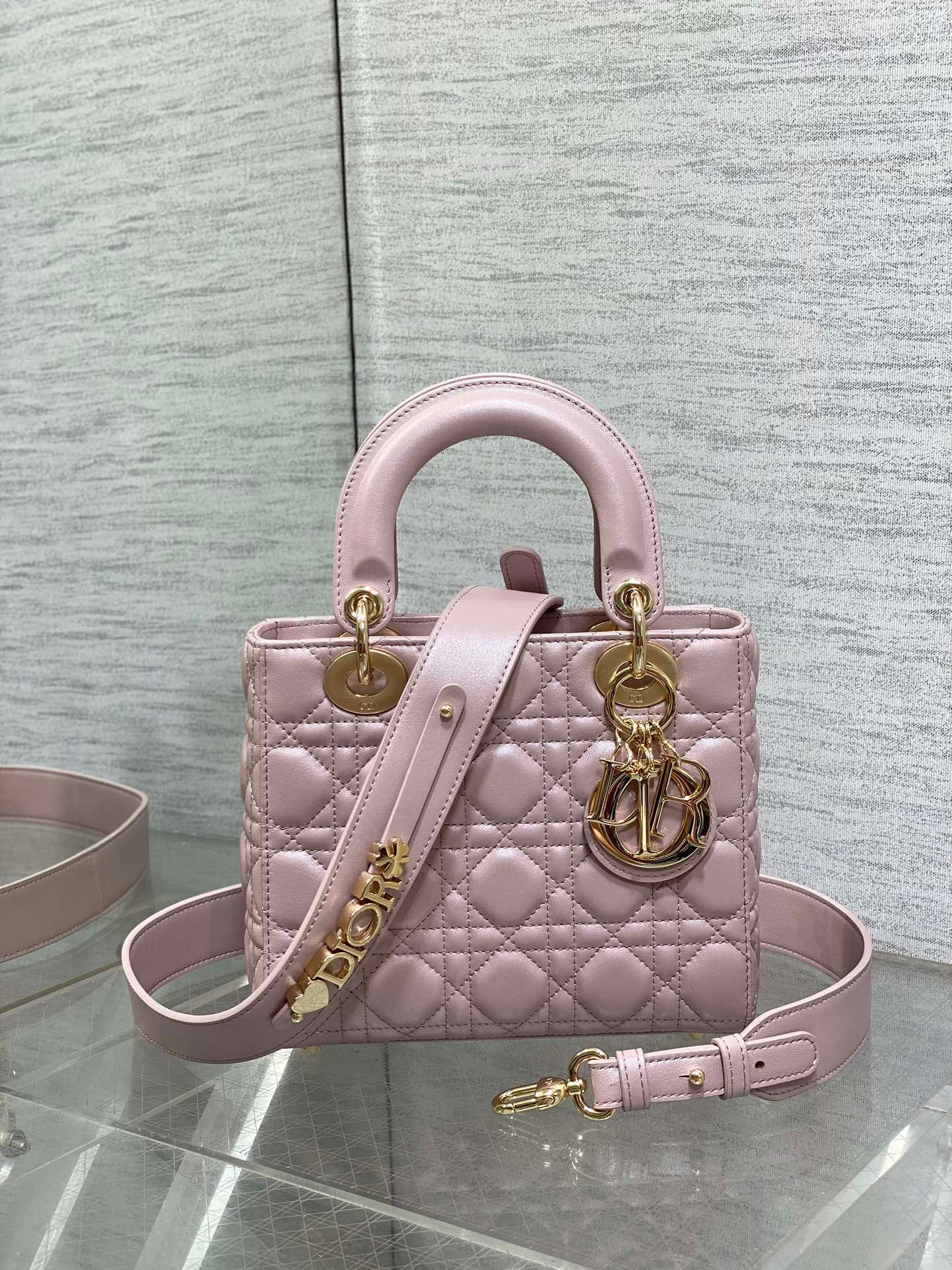 Christian Dior Lady D-Sire Gold Handbag Pink
