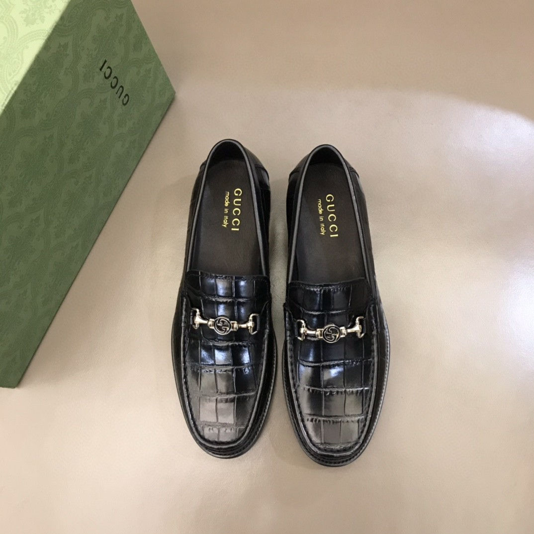 Gucci Horsebit Crocodile Interlocking Loafers Black