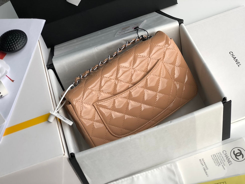 Thumbnail: Chanel Classic Flap Handbag Silver Metal Glossy Peach