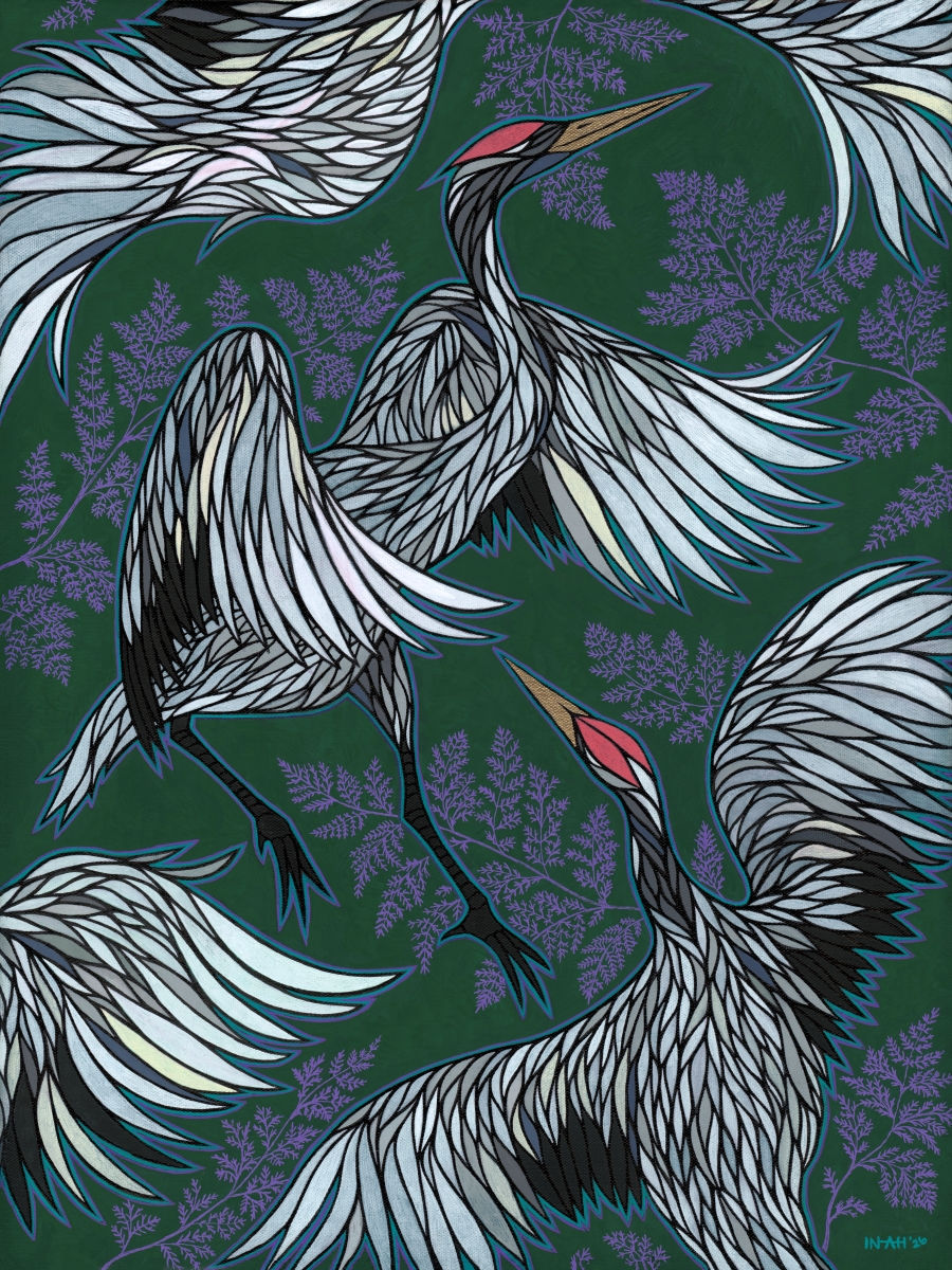 Cranes in flight among flowing green botanical forms in CRANE PROSPERITY by In-Ah Mellor