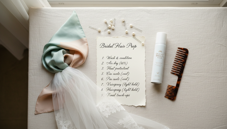Overhead view of a silk scarf, bridal veil, hair pins, and a written wedding morning checklist