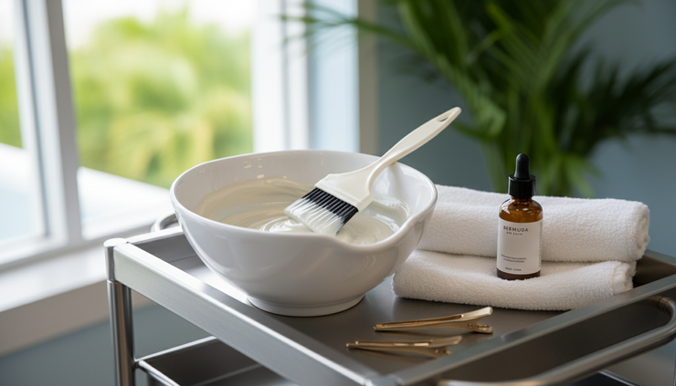 Close-up view of a bowl of toner and a colour brush on a salon trolley.