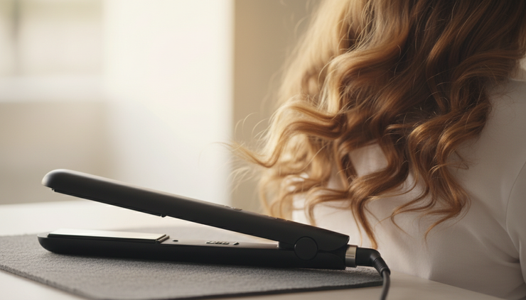 Eye-level view of loose flat iron curls resting on a shoulder