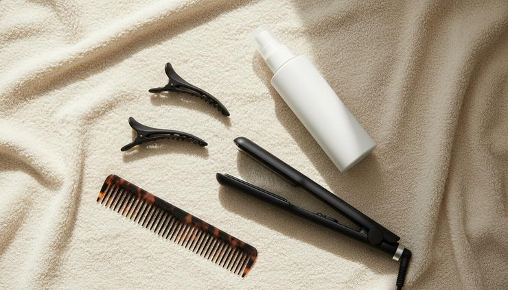 Overhead view of heat protectant spray, sectioning clips, and a flat iron on a towel