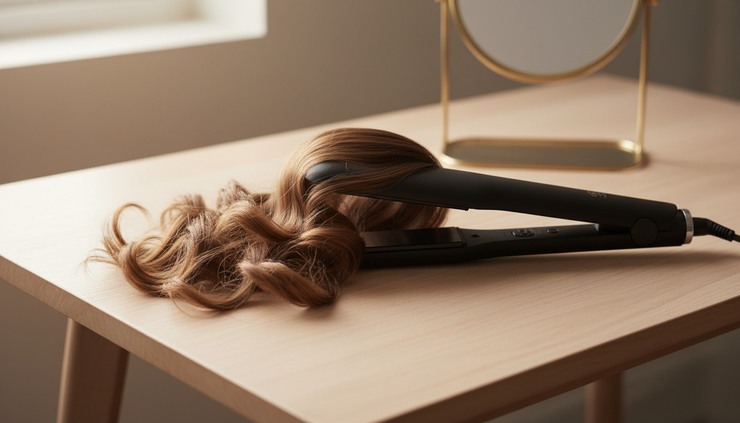 Three-quarter view of shiny finished curls beside a premium flat iron on a dressing table