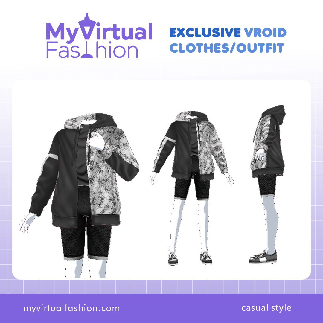 3D Vroid Costume | Monochrome Hoodie with and Shorts for VRoid Avatar