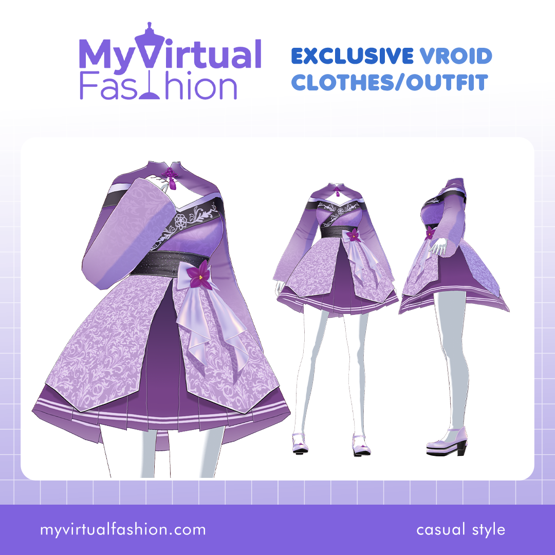 3D Vroid Outfit | Lavender Floral Kimono Dress with Bow Accent for VRoid Avatar