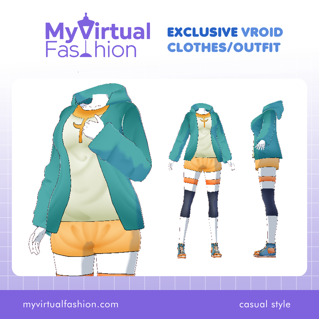 3D Vroid Outfit | Teal Hoodie and Mustard Shorts Activewear for VRoid Avatar
