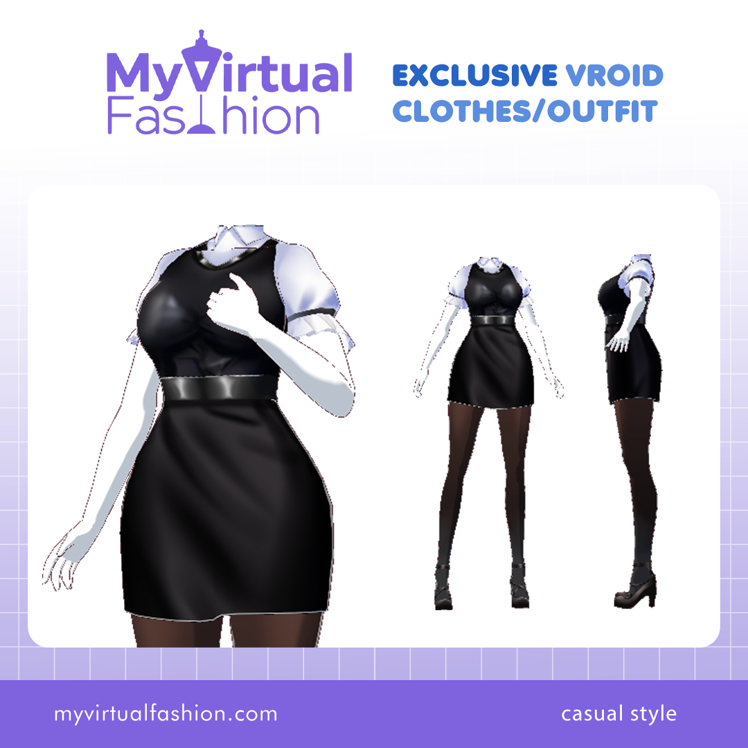 3D Vroid Outfit | Sleek Black Dress with White Short-Sleeve Blouse for VRoid