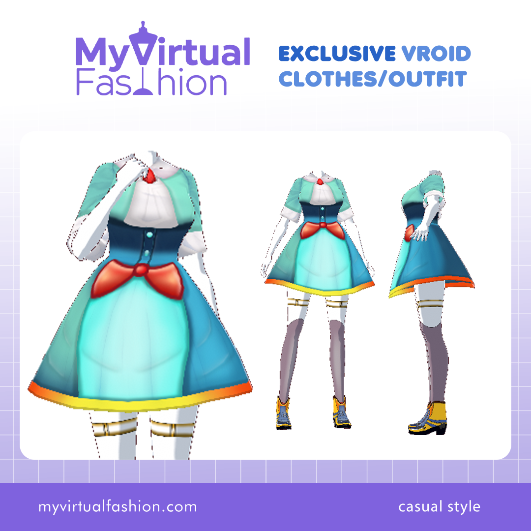 3D Vroid Outfit | Blue Dress with Bow and White Blouse Accent for VRoid Avatar