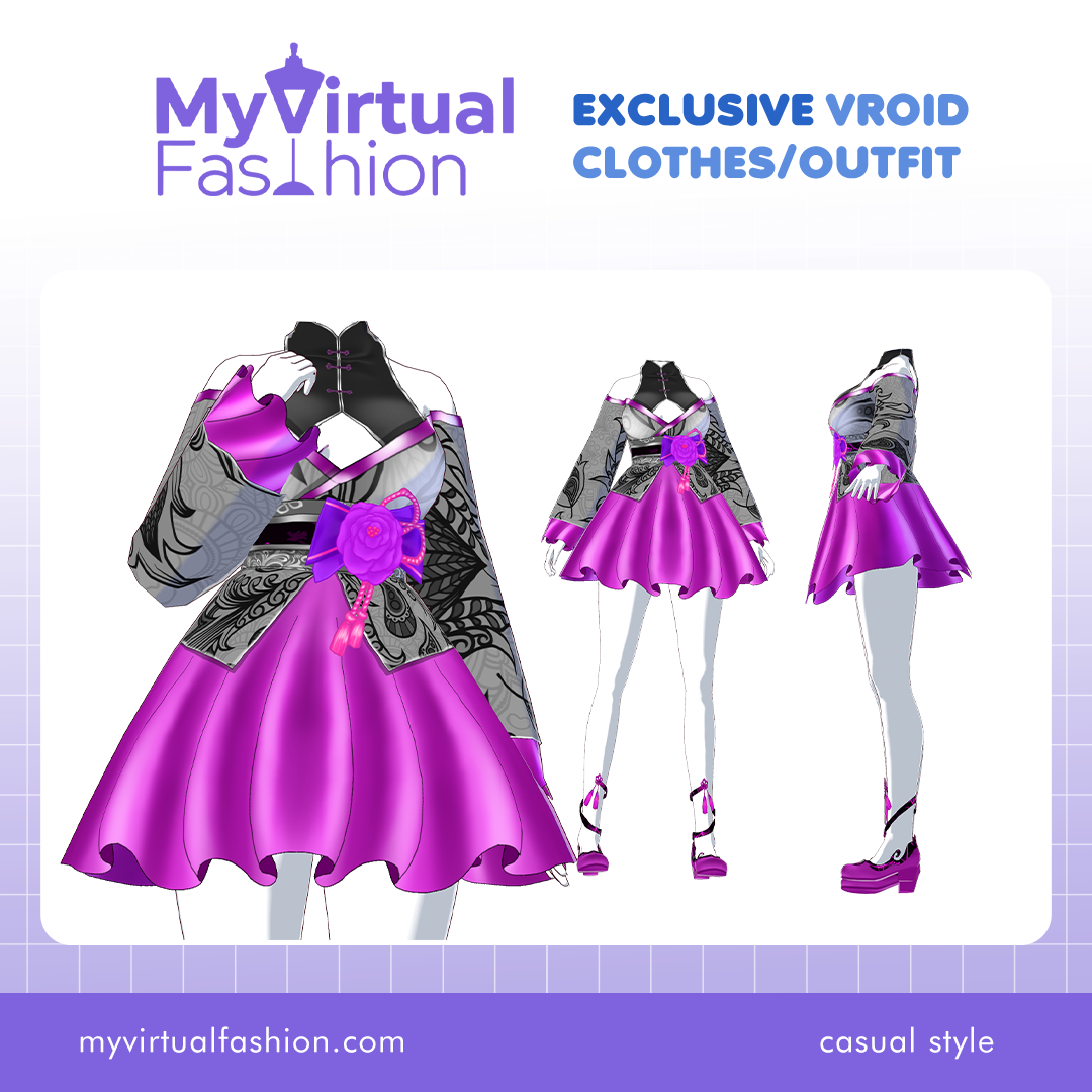 3D Vroid Outfit | Purple Floral Kimono Dress and Gothic Pattern for VRoid Avatar