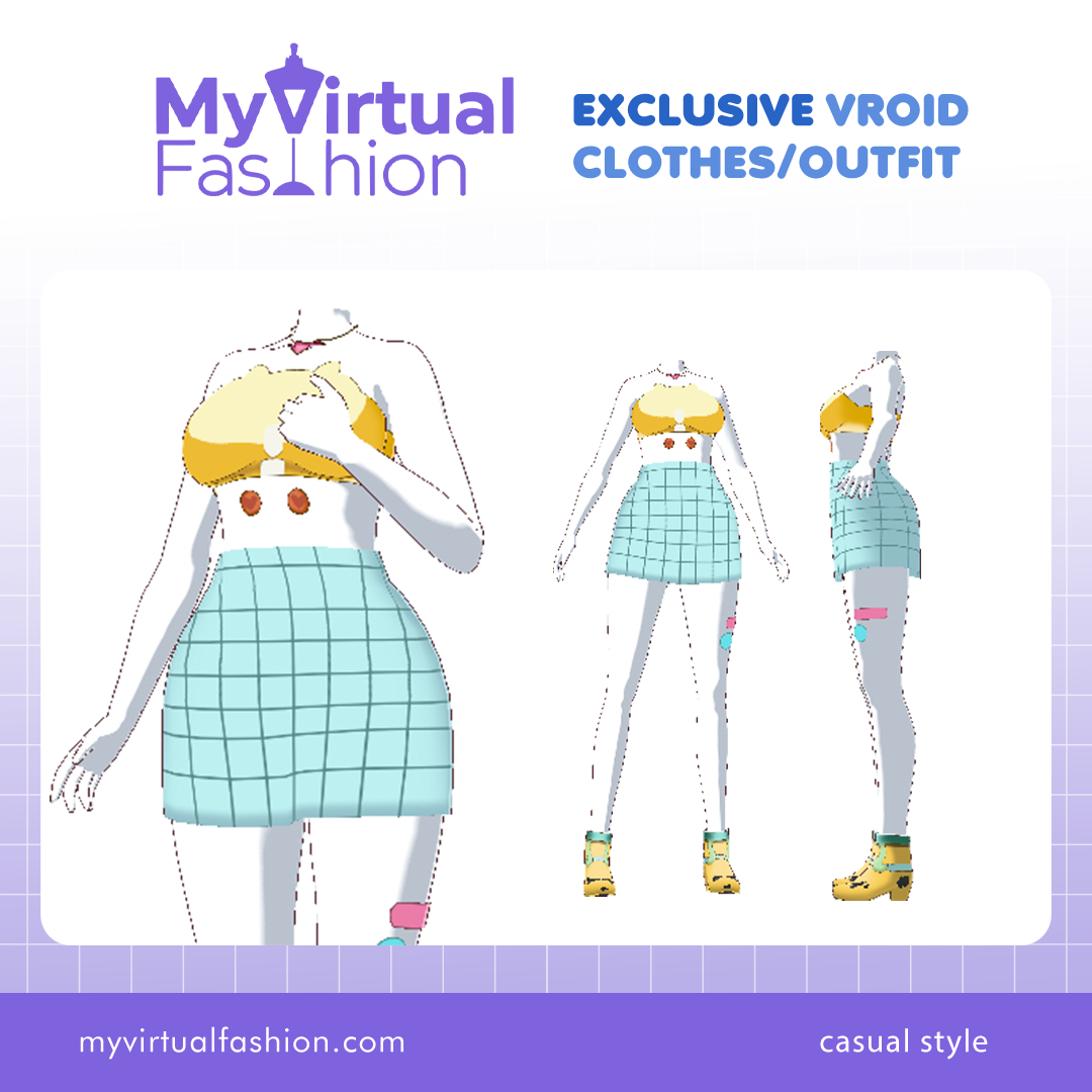 3D Vroid Outfit | Trendy Yellow Crop Top & Checkered Skirt for VRoid Avatar