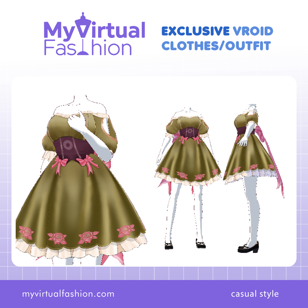 3D Vroid Outfit | Olive Green Dress with Pink Floral Accents for VRoid Avatar