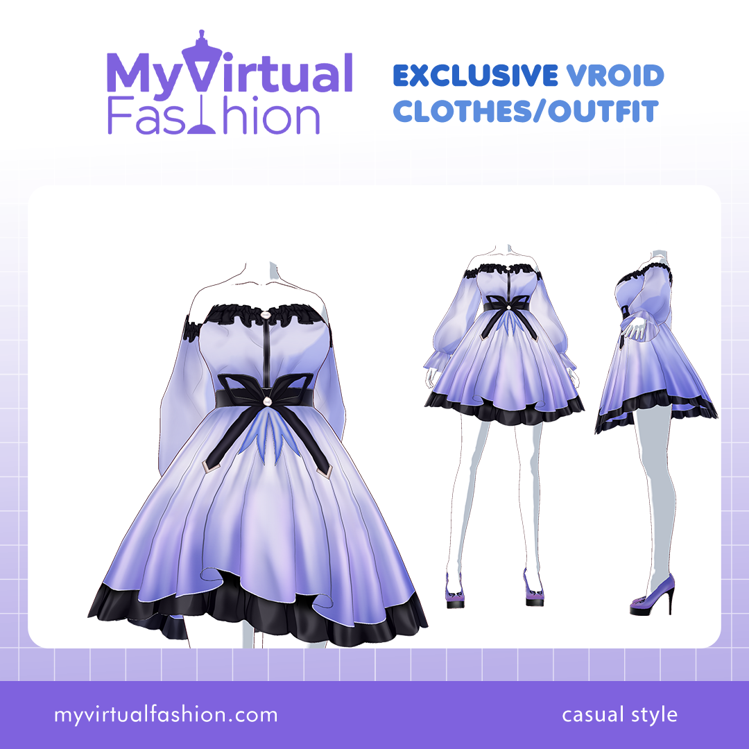 3D Vroid Outfit | Off-Shoulder Lavender Dress with Black Bow for VRoid Avatar