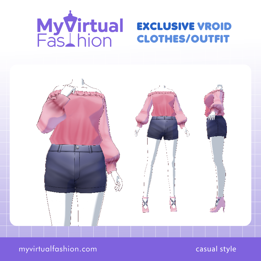 3D Vroid Costume | Off-Shoulder Pink Blouse and Denim Shorts Outfit for VRoid
