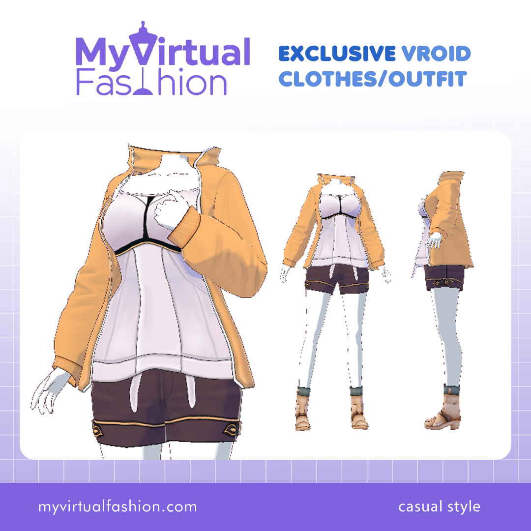 3D Vroid Outfit | Casual Yellow Jacket and Sporty Shorts Outfit for VRoid Avatar