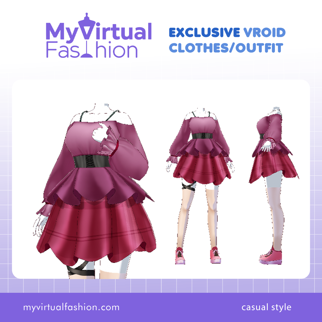 3D Vroid Outfit | Burgundy Dress with Layered Skirt and Belt for VRoid Avatar