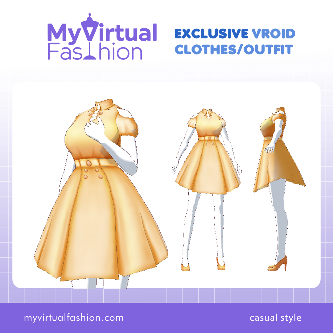 3D Vroid Costume | Chic Yellow High-Collar Dress with Cut-Out Sleeves for VRoid