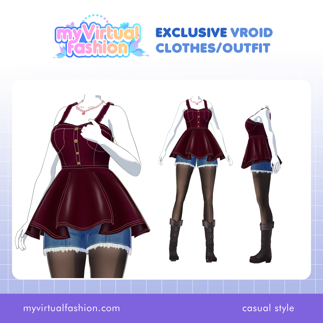 3D Vroid Outfit | Burgundy Peplum Top with Denim Shorts for VRoid Avatar