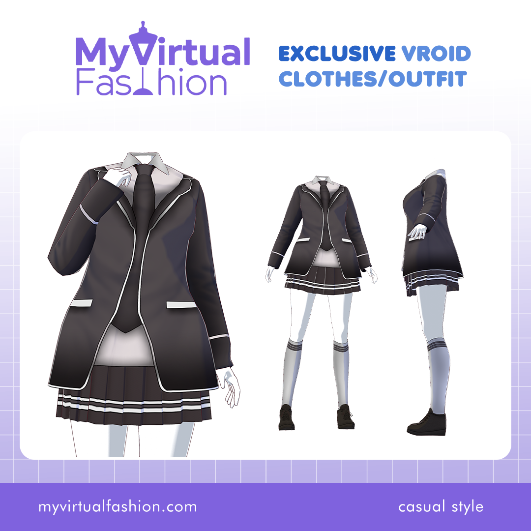 3D Vroid Outfit | Black School Uniform with Blazer and Skirt for VRoid Avatar