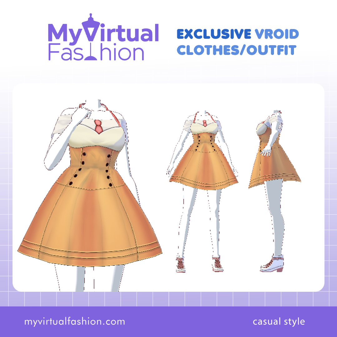 3D Vroid Outfit | Buttoned Peach Corset Dress with Tie Accent for VRoid Avatar
