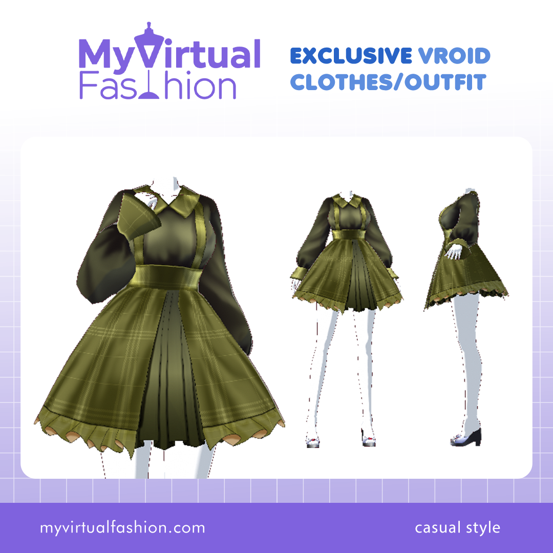 3D Vroid Costume | Elegant Green Plaid Dress with Collar and Long Sleeves
