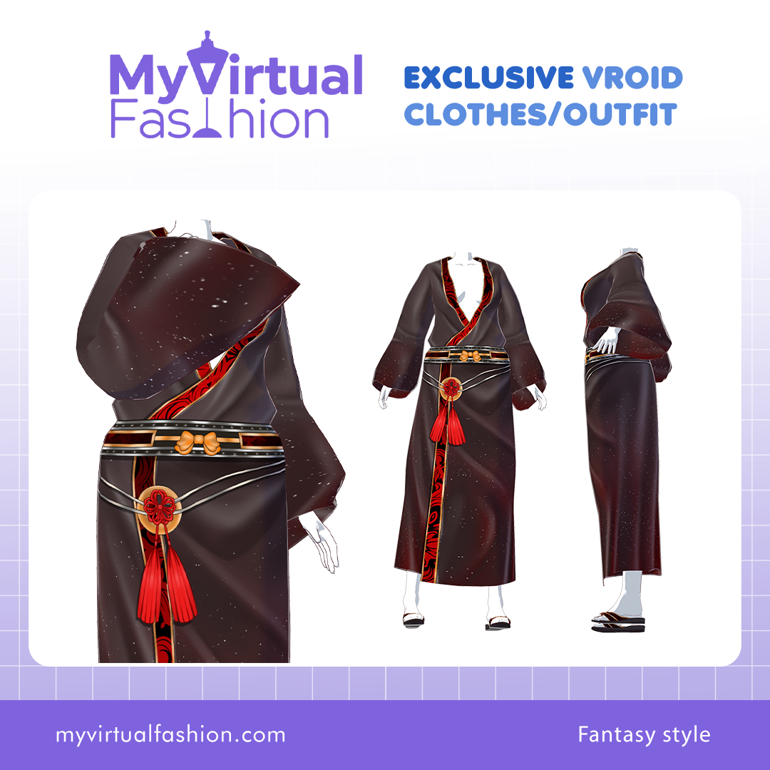 3D Vroid Outfit | Crimson Dusk Kimono with Starry Accents for VRoid Avatar