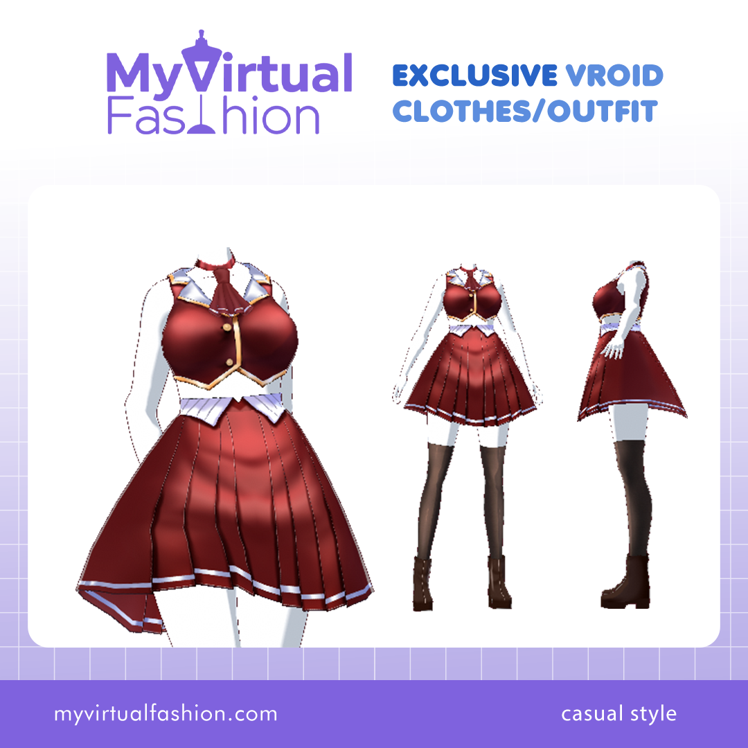 3D Vroid Outfit | Elegant Red Vest Dress with Gold Trim Details for VRoid Avatar