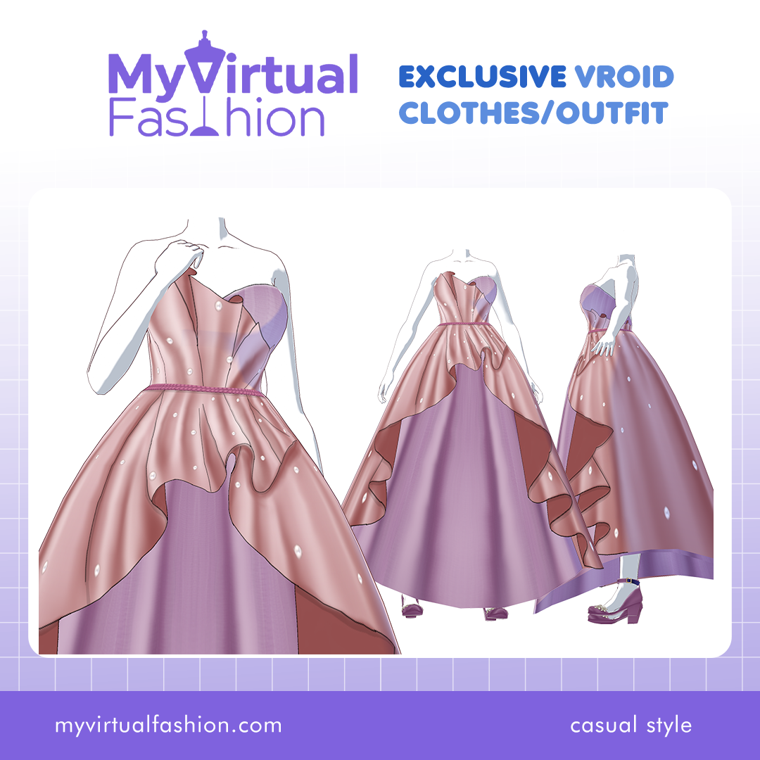 3D Vroid Outfit | Pink Layered Ball Gown with Pearl Accents for VRoid Avatar