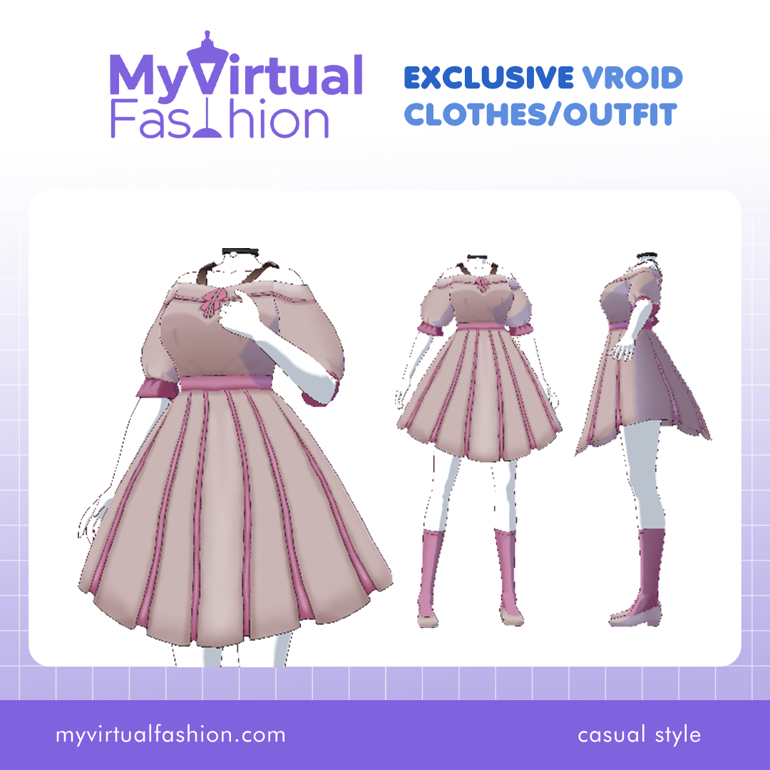3D Vroid Outfit | Pink Off-Shoulder Dress with Ribbon Accent for VRoid Avatar