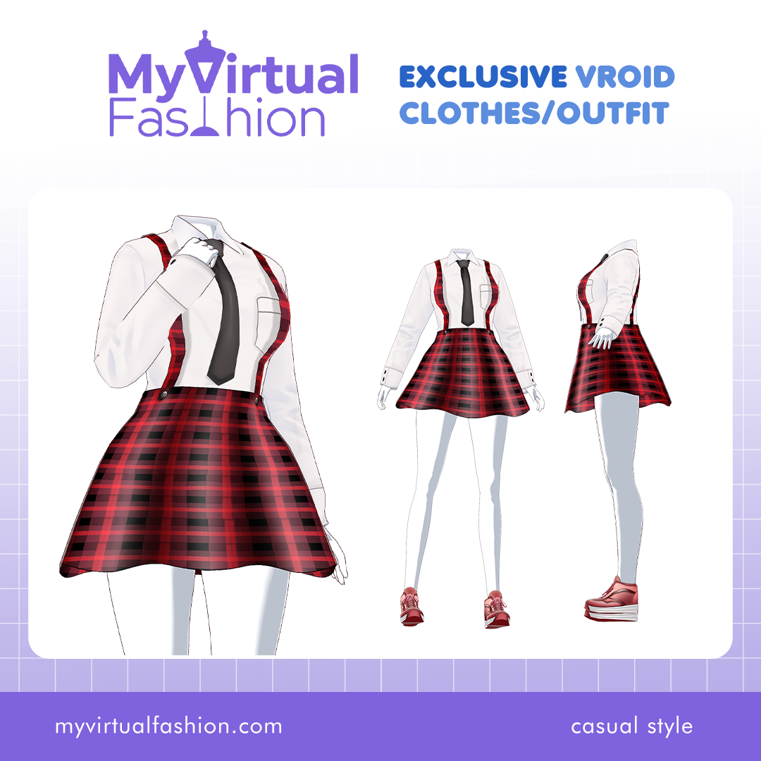 3D Vroid Outfit | Red Plaid Suspender Skirt with Shirt and Tie for VRoid Avatar