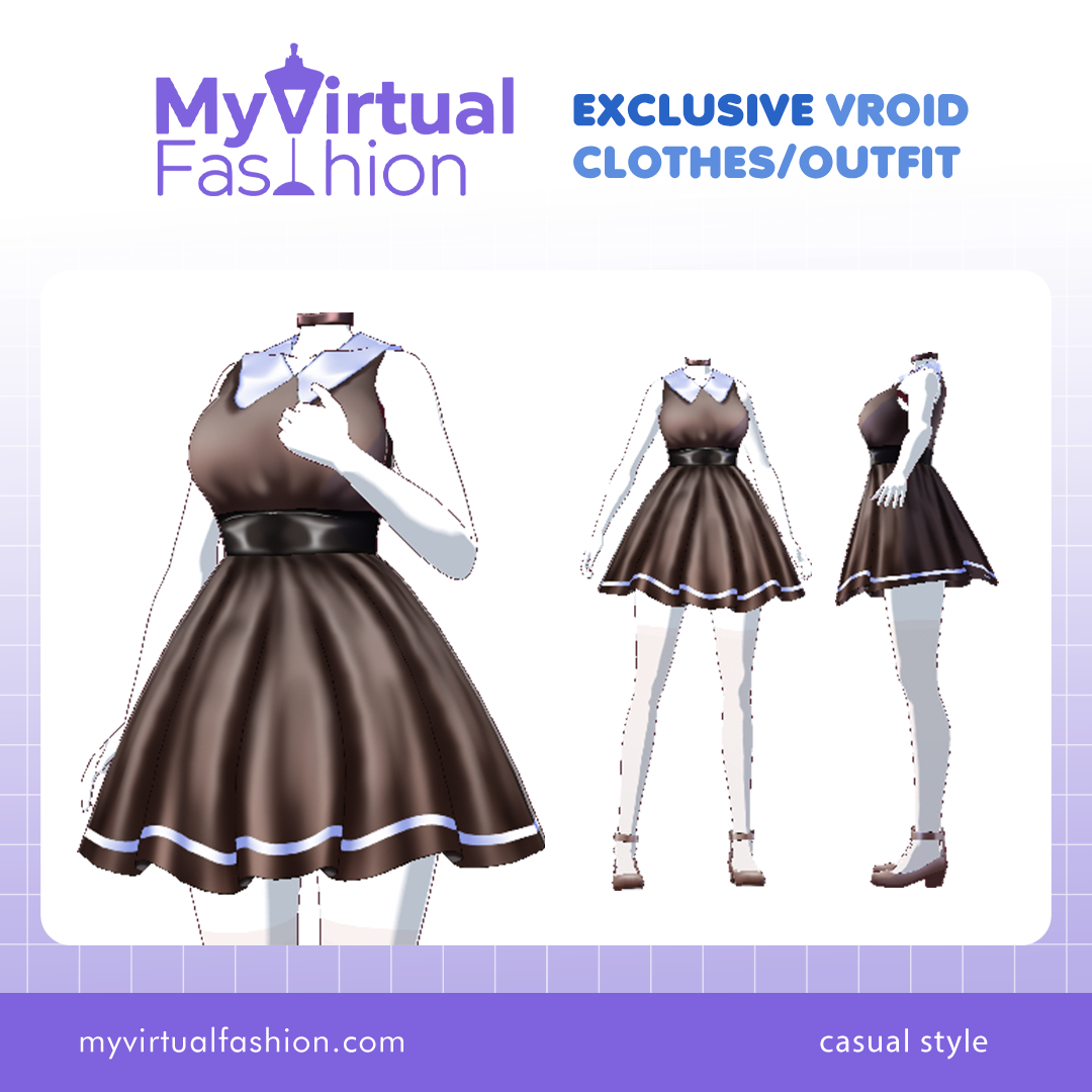 3D Vroid Outfit | Collared Brown Dress with Blue Trim for VRoid Avatar