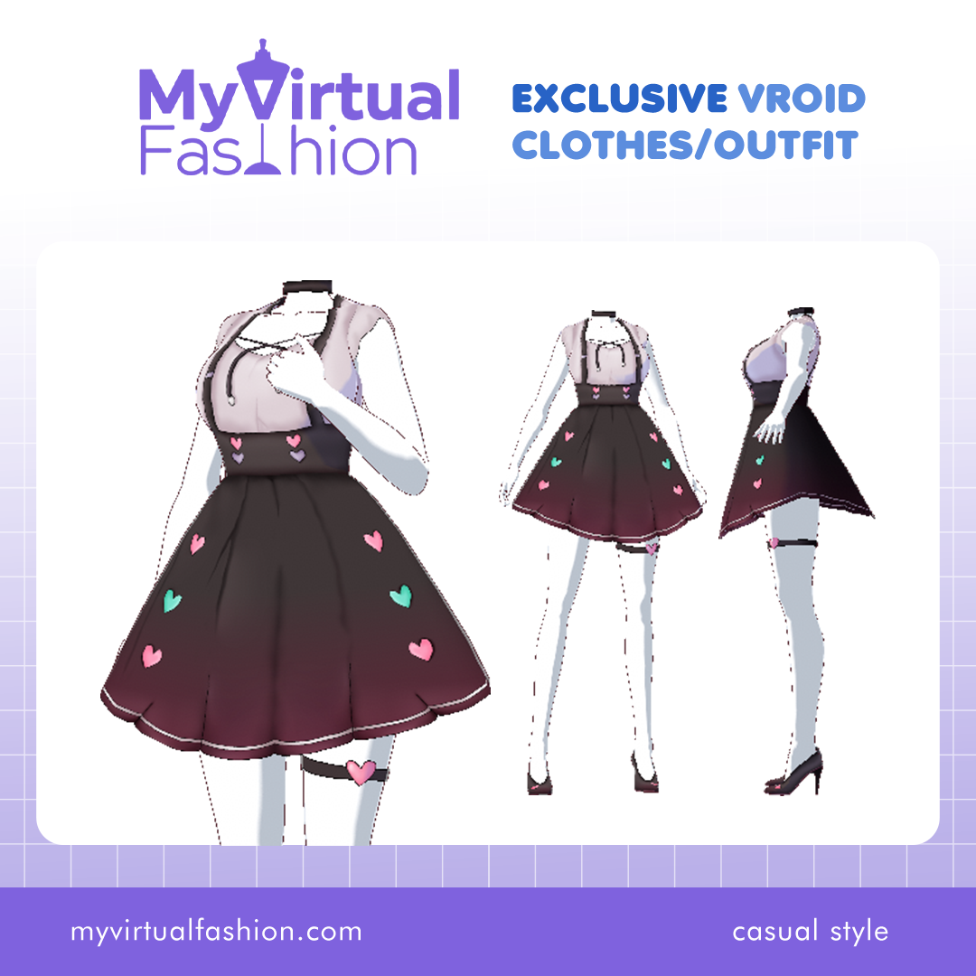 3D Vroid Costume | Black Dress with Colorful Heart Accents and Suspender Top