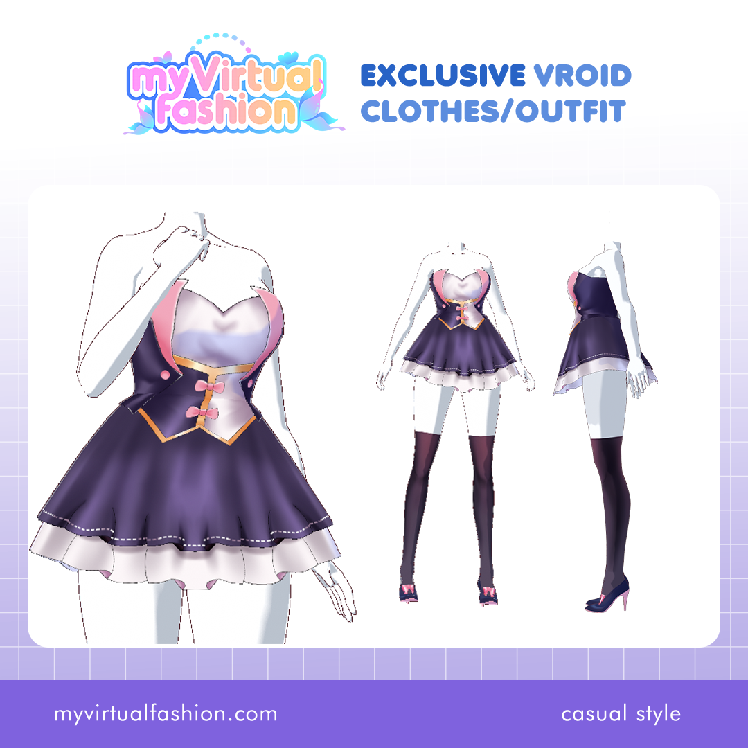 3D Vroid Outfit | Chic Purple Corset Fantasy Dress with Pink Trim for VRoid