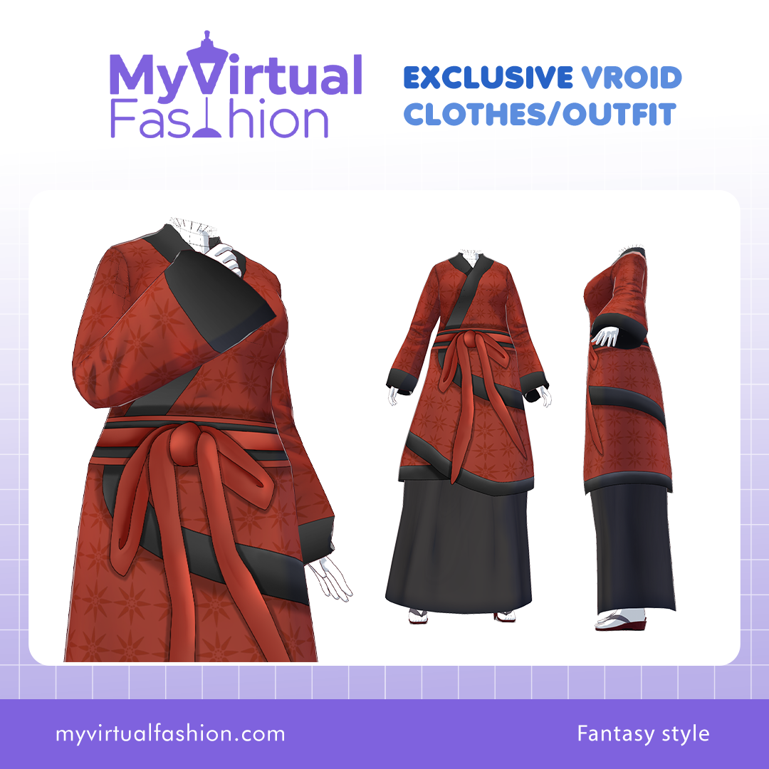 3D Vroid Outfit | Crimson Kimono with Black Accents and Bow for VRoid Avatar